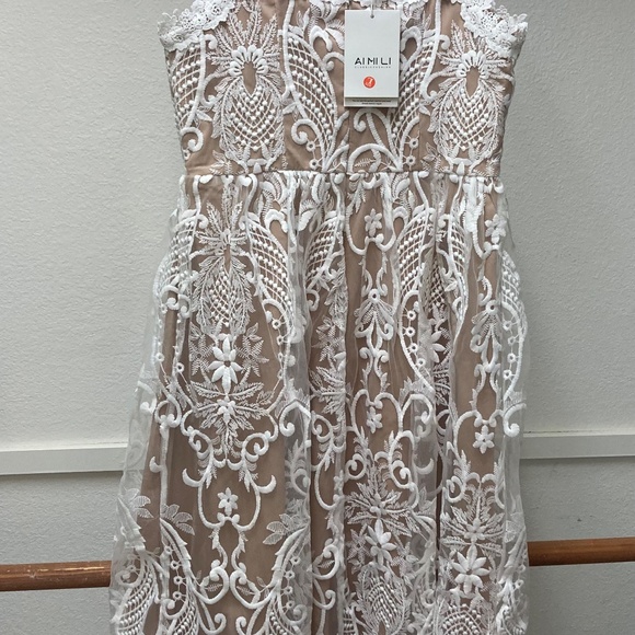 Womens Lace Spaghetti Strap Flared Midi Evening Dress - Picture 3 of 8